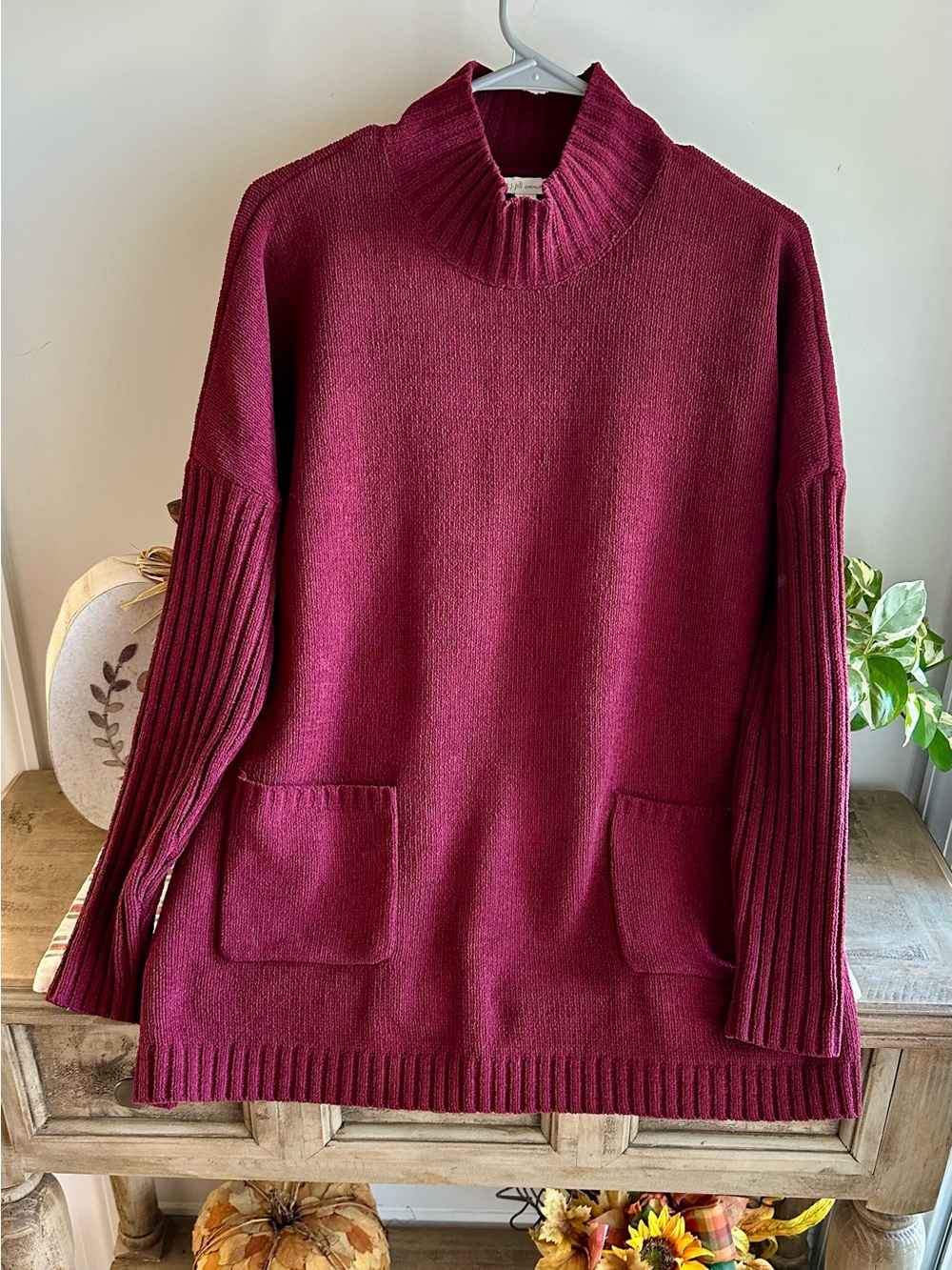 J. Jill Chenille Deep Berry Mock Neck Tunic Sweater
